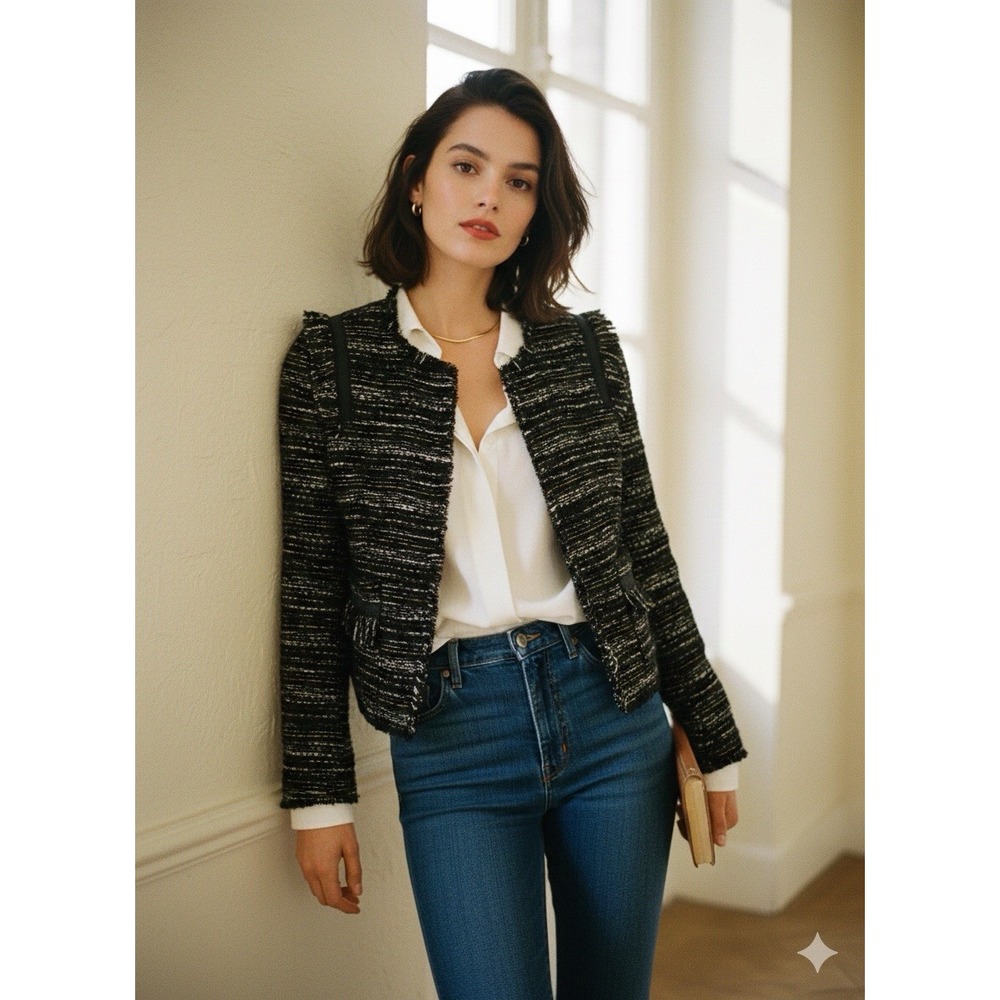 JOIE Black Tweed‎ Metallic Gold Trim Jacket Blazer French Girl Aesthetic Small